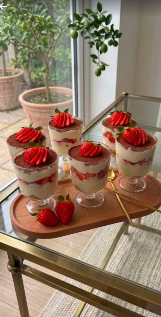 Eggless Strawberry Layered Tiramisu in glass cups"