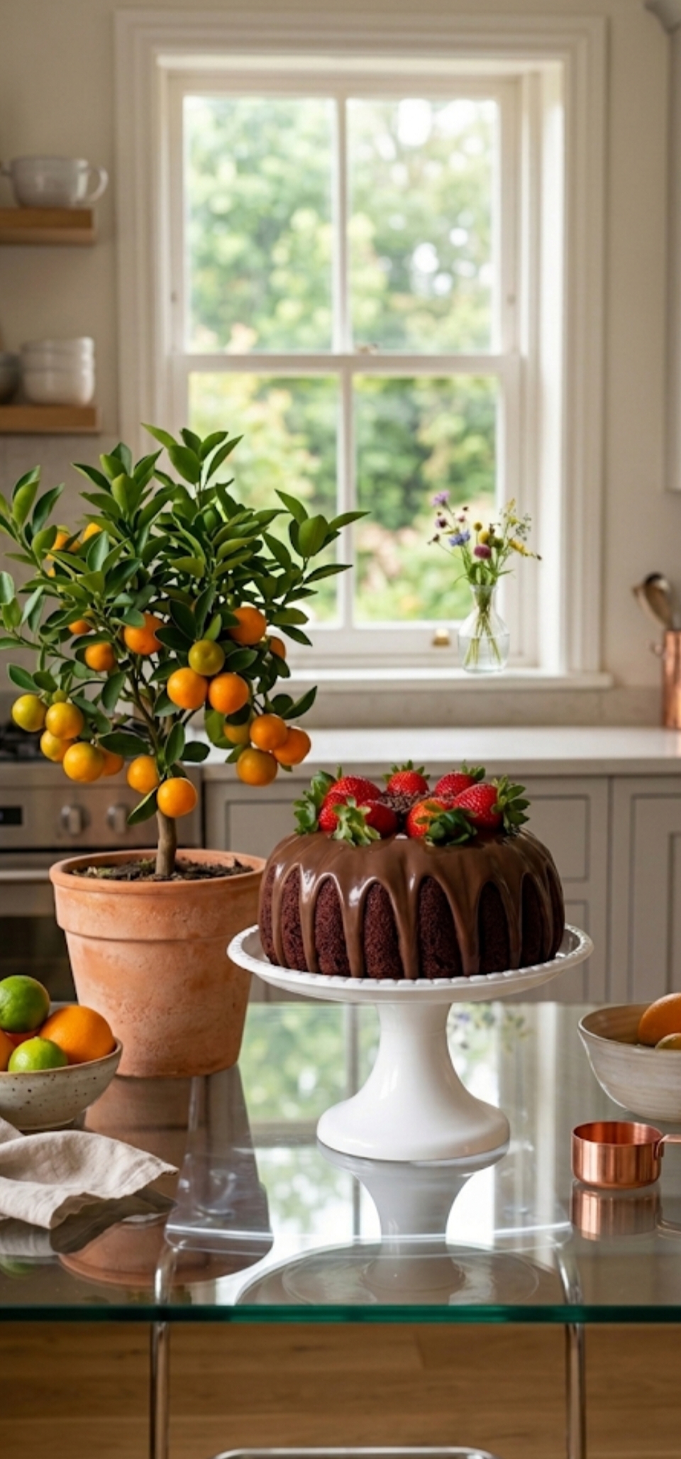 Chocolate Strawberry Cake on a white stand with kitchen window greenery background