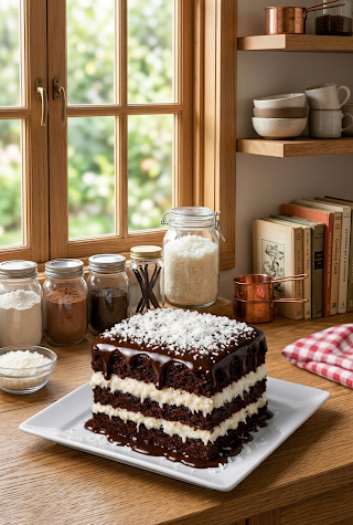 Step-by-step chocolate coconut dream cake recipe with moist layers and rich ganache
