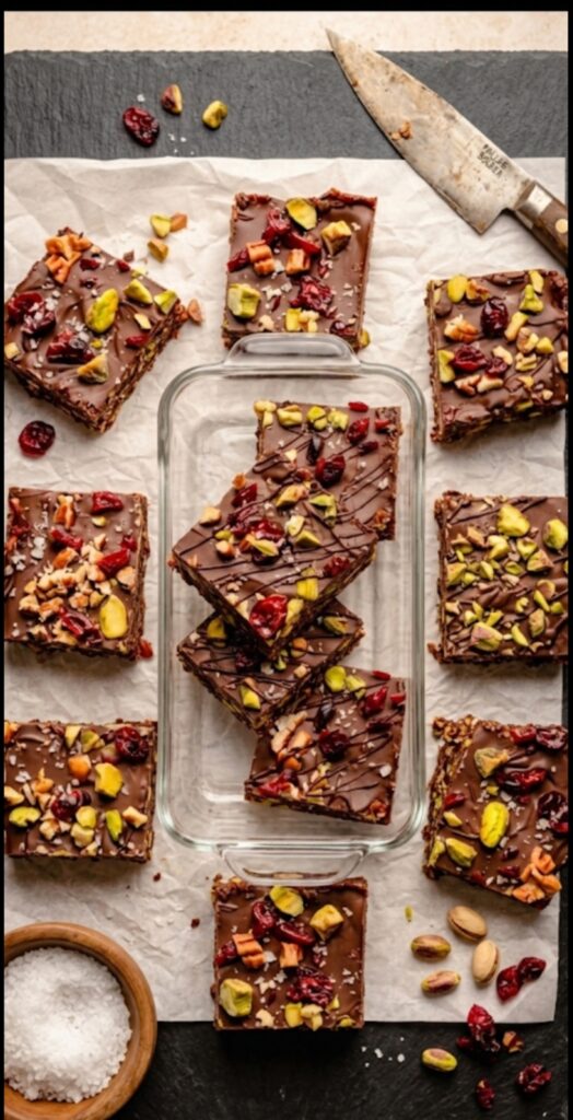 Homemade Chocolate Homemade Nutty Chocolate bars decorated with pistachios and cranberries